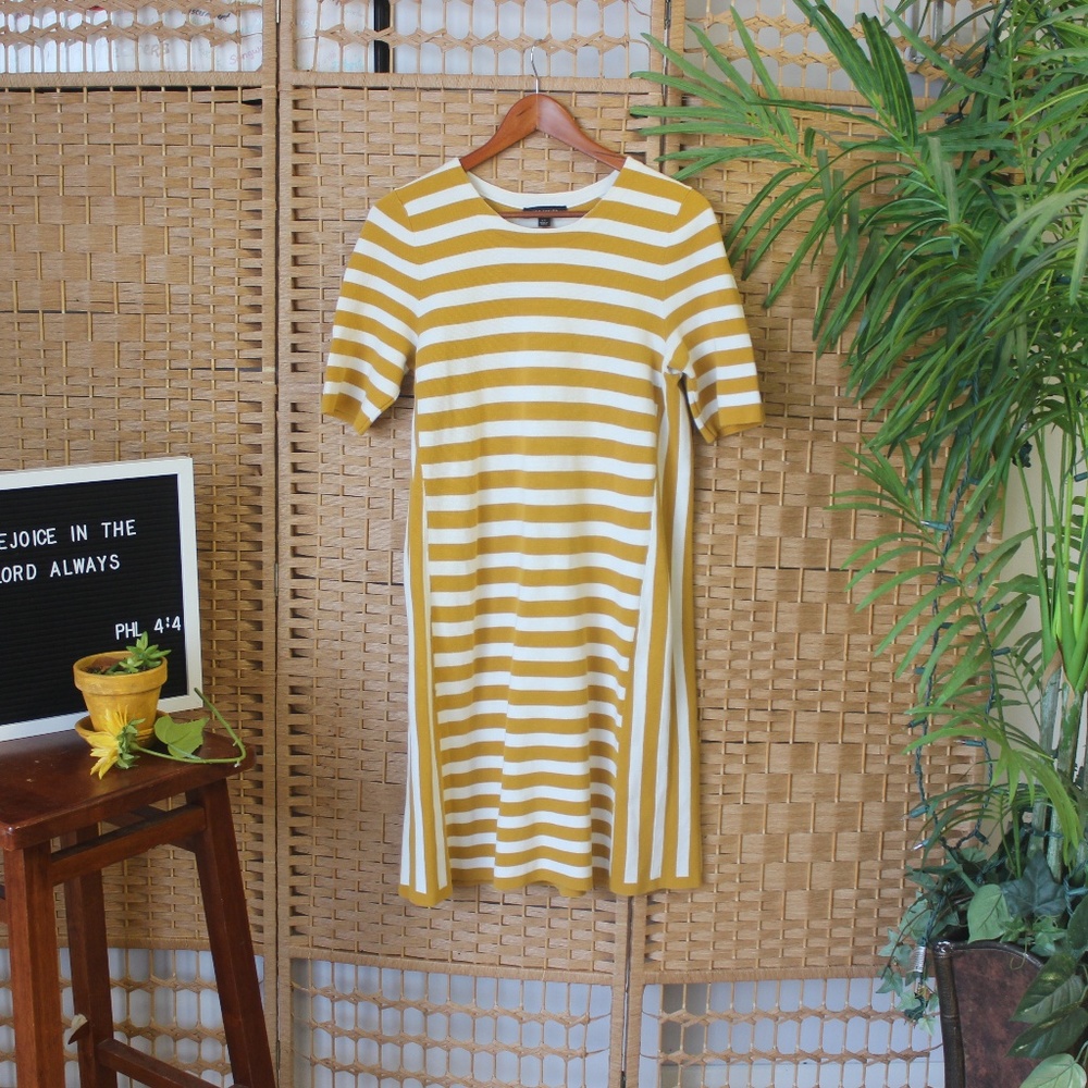 Ann Taylor Mustard Yellow Striped Knit Dress L